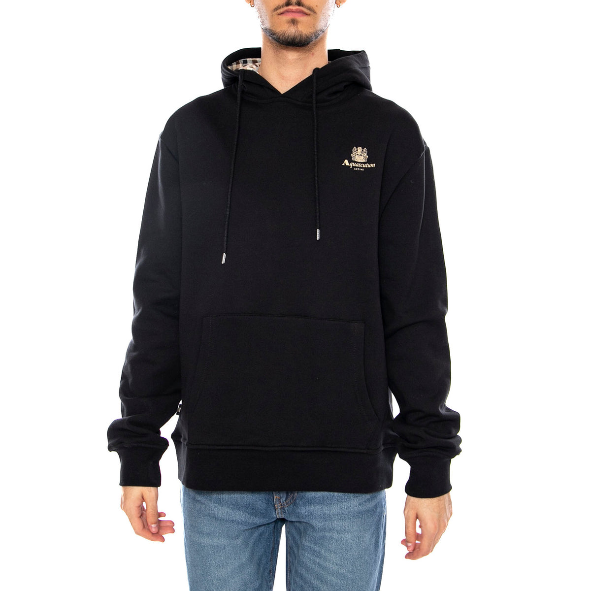 Small Logo Hoodie Fleece -- Felpa con Cappuccio Uomo Nera AW_ICON_SW002_16 . AQUASCUTUM 