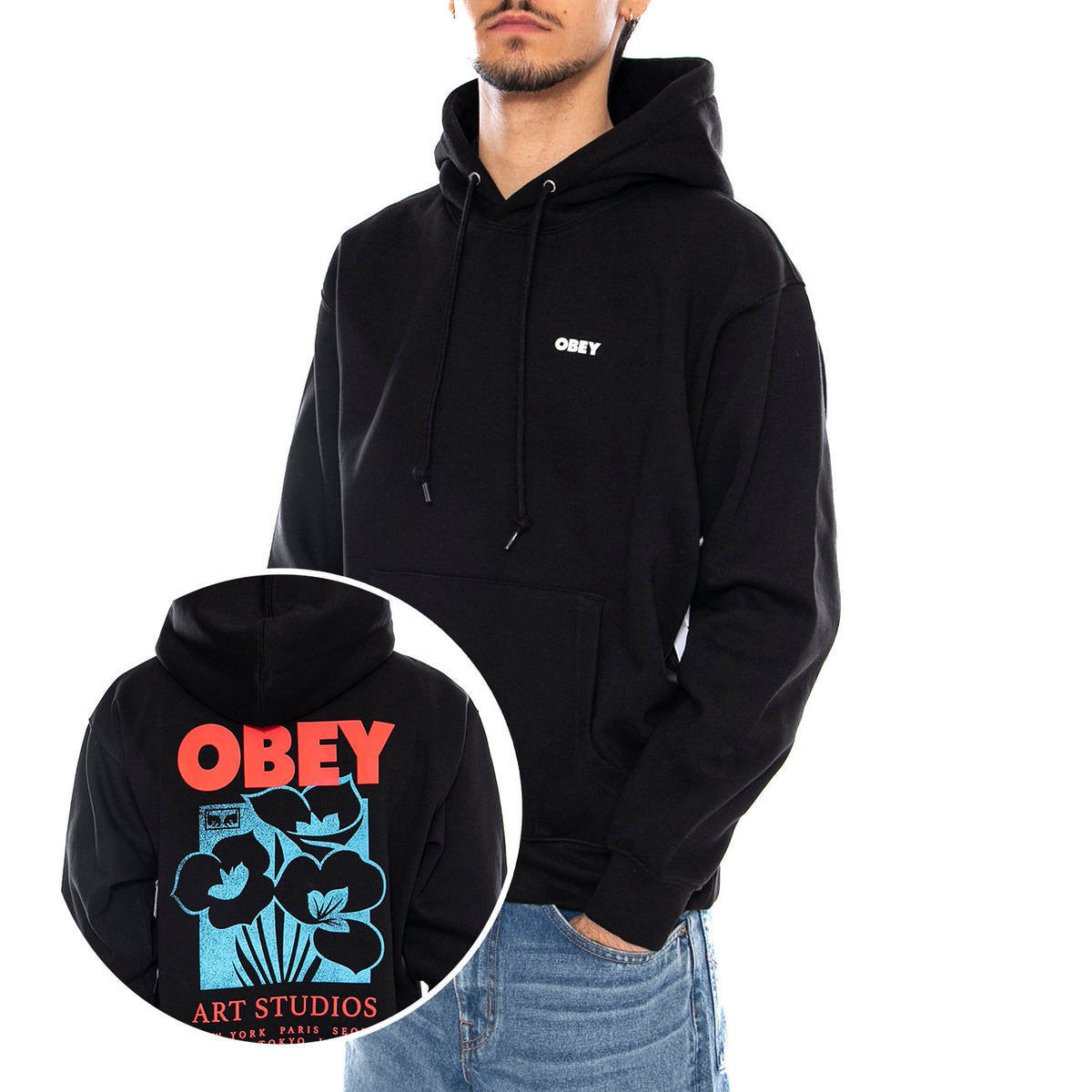 OBEY Art Studio Flowers Fleece - Felpa con Cappuccio Uomo Nera 112844234 BLK OBEY 