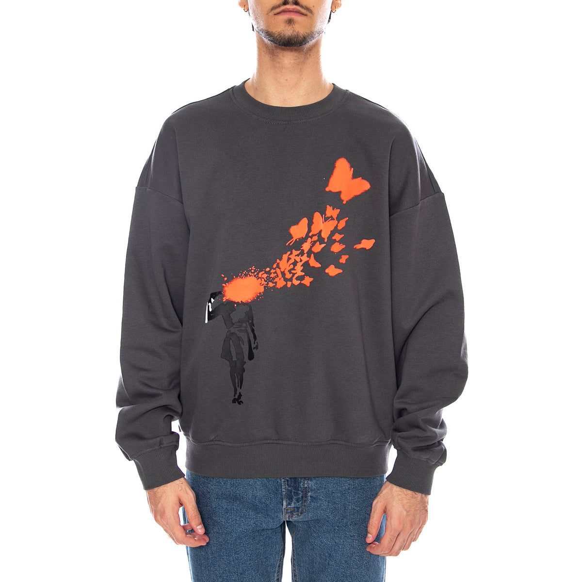 Banksy Vintage Crew Neck Grey Pinstripe "Butterfly Shot" - Felpa Girocollo Uomo Grigia 22035203-4911270 . ONLY & SONS 