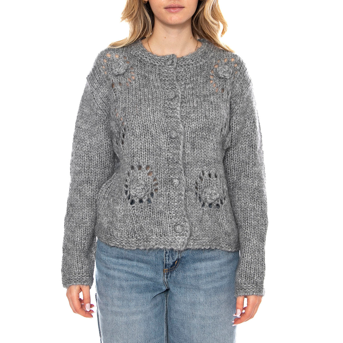 Knit Cardigan Donna Gray Crochet -- Cardigan Donna Grigio 53W/10710 Gray Crochet WILD PONY 