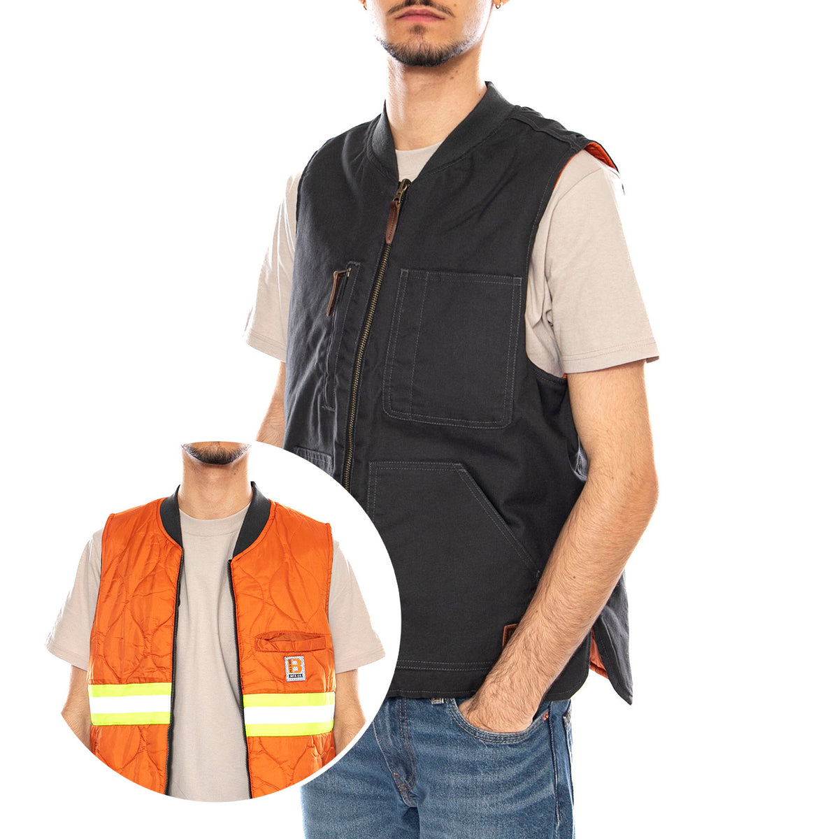 Builders Abraham Rev Vest -- Gilet Uomo Reversibile Washed Nero / Arancione 03412 WBKRO BRIXTON 
