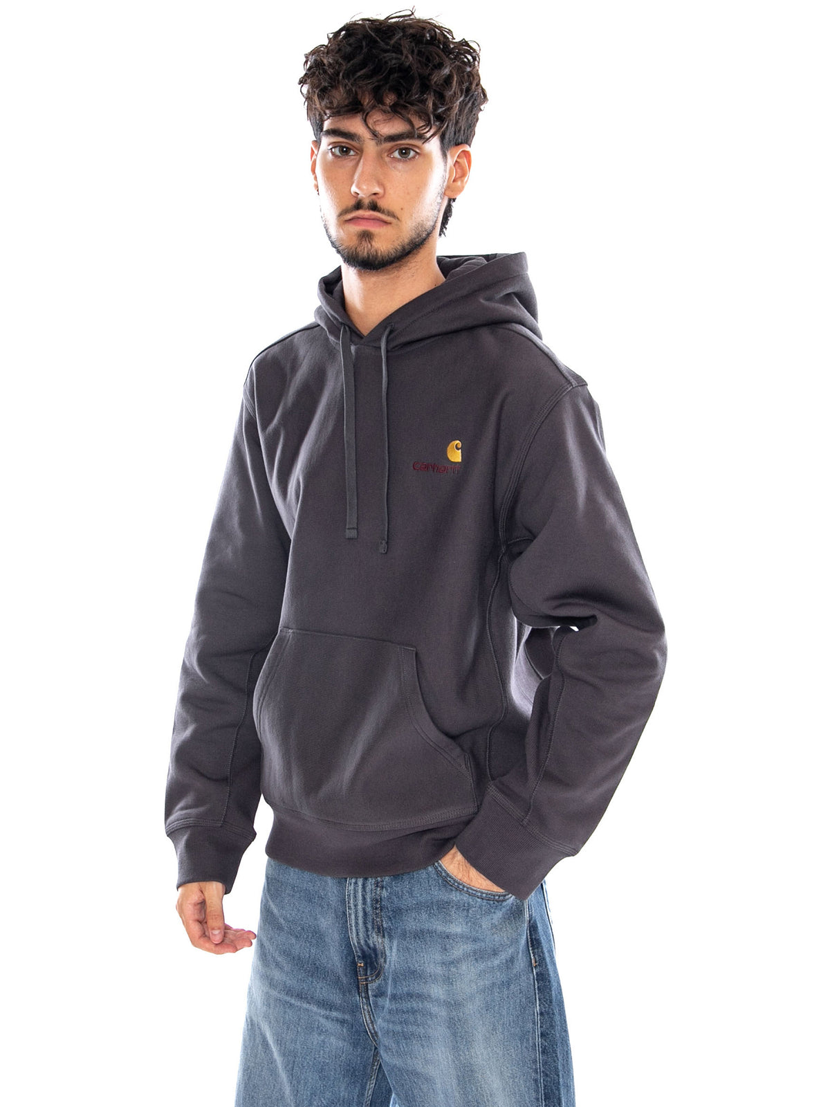 HOODED AMERICAN SCRIPT SWEAT GRAPHITE - Felpa con Cappuccio Uomo Grigia I028279 87XX CARHARTT WIP 