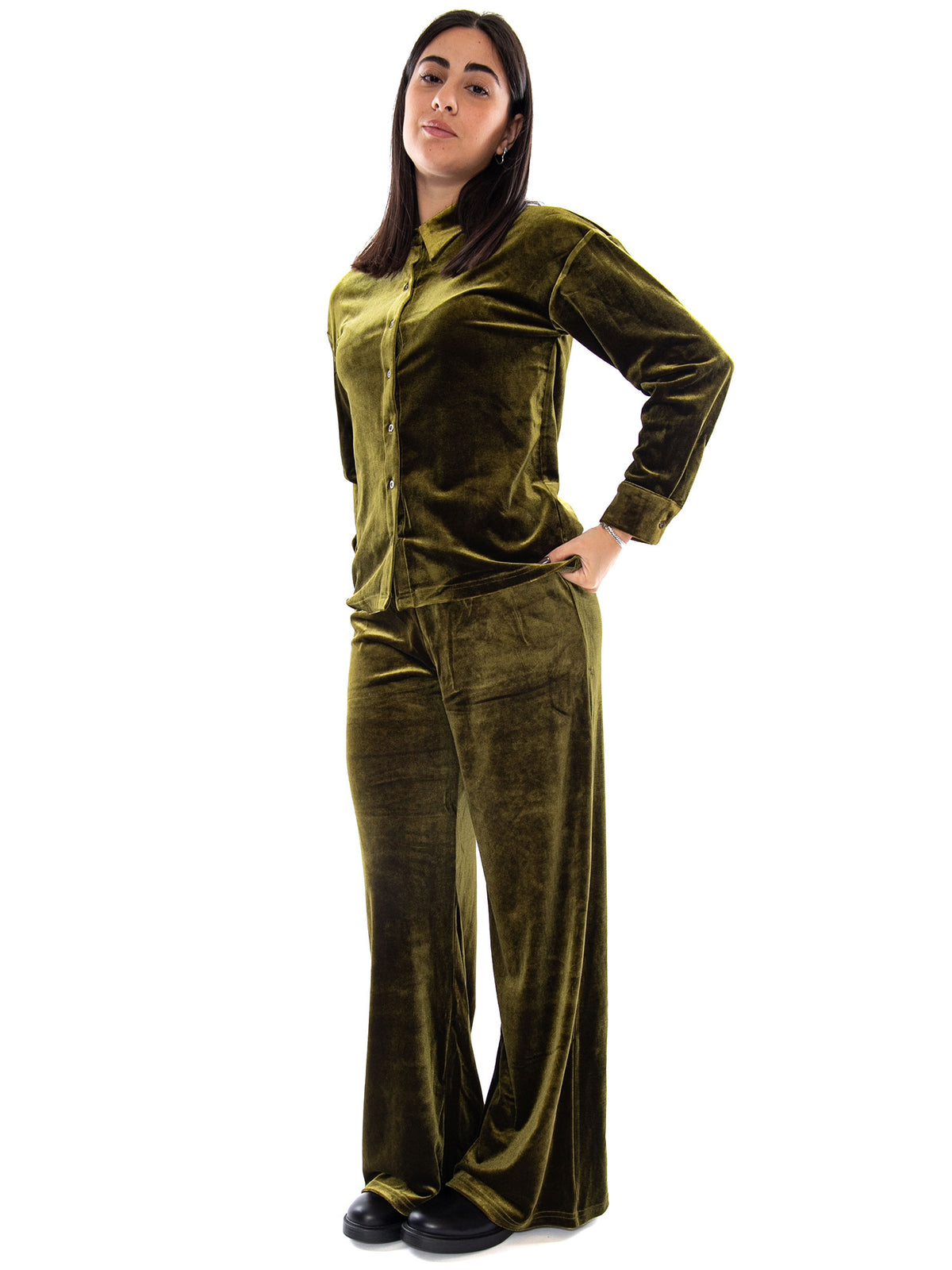 Compania Fantastica Pantalón de Terciopelo Verde Oliva Green - Pantaloni Donna in Velluto Verde Oliva 64C/11111 GRN COMPANIA FANTASTICA 