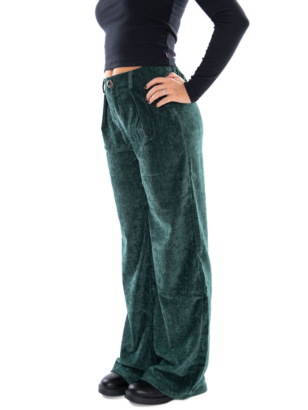 Compania Fantastica Pantalón Aterciopelado Verde Oscuro con Botón Joya Green - Pantaloni Donna Verde Scuro in Velluto 64C/11136 GRN COMPANIA FANTASTICA 