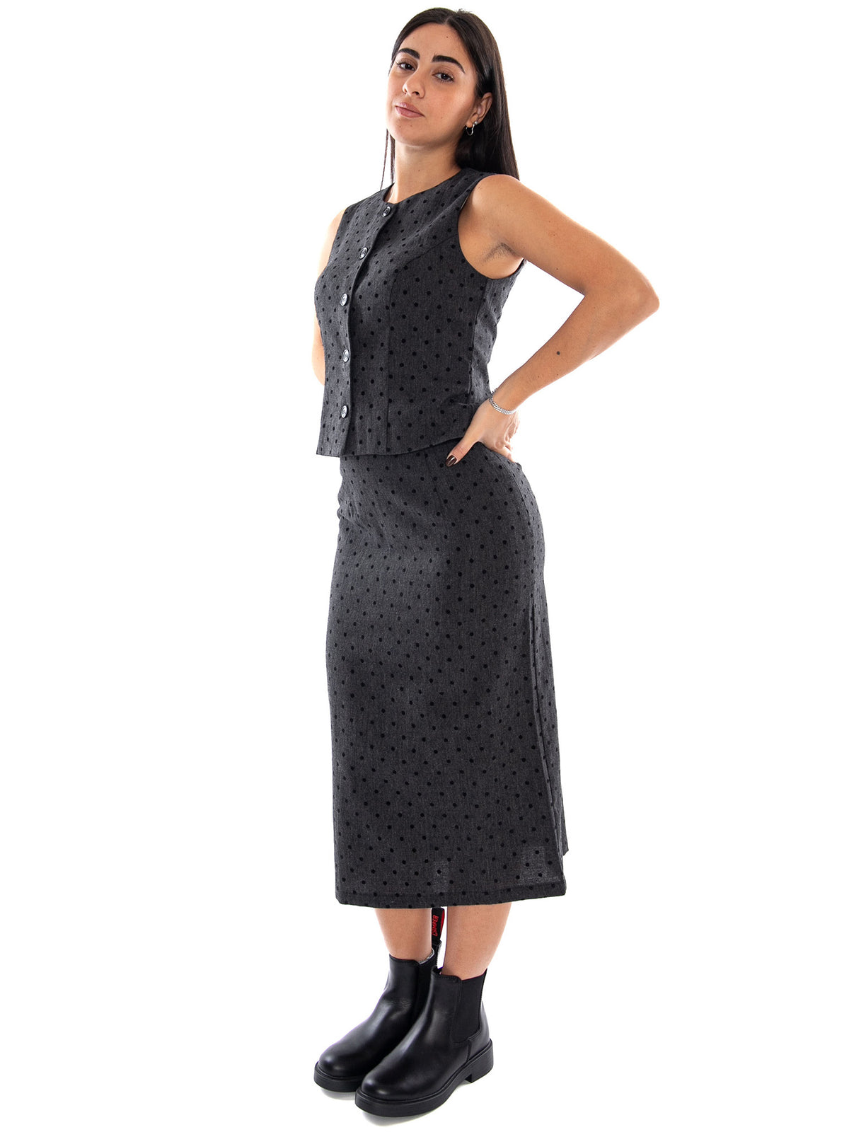 Compania Fantastica Chaleco Tweed Gris con Punto Negro Black - Gilet Donna Grigio e Nero in Tweed<BR/><BR/> 64C/11147 BLK COMPANIA FANTASTICA 
