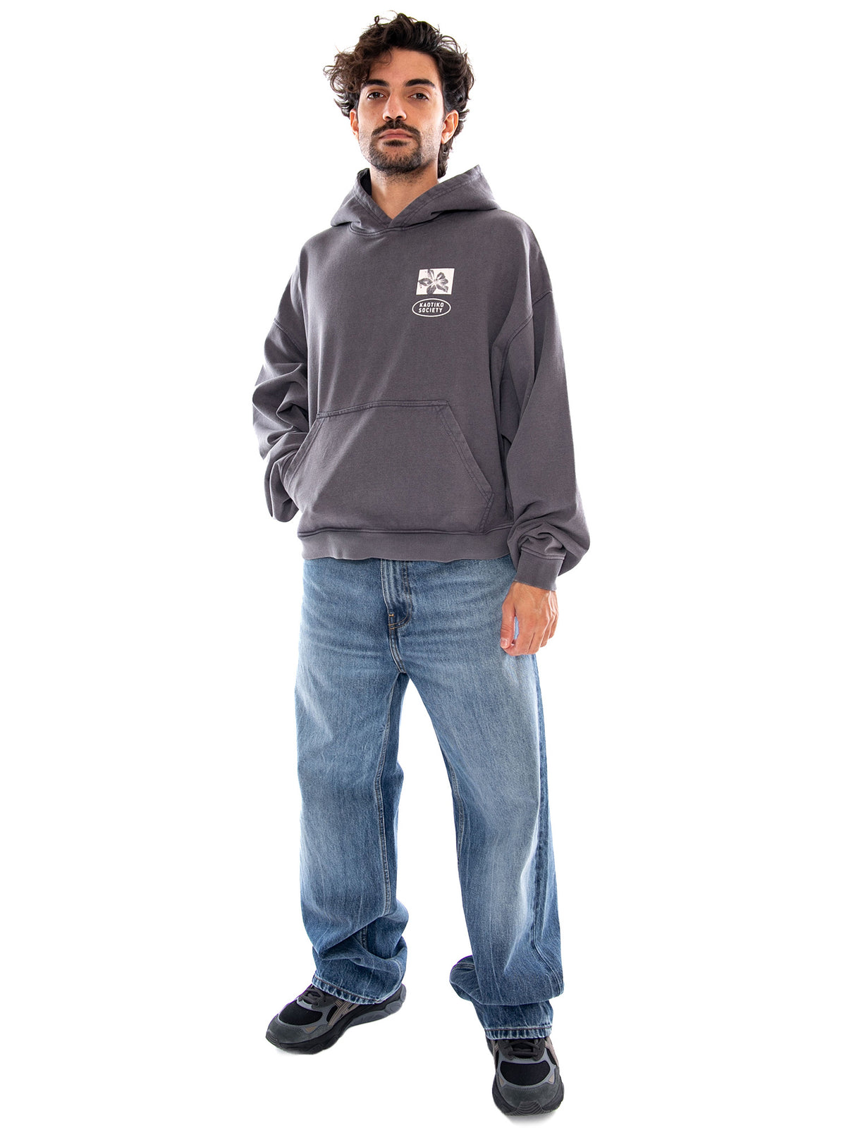 HOODIE OVERSIZE MY OWN DRAMA WASHED GRAY - Felpa con Cappuccio Uomo Grigia AT081 G002 KAOTIKO 