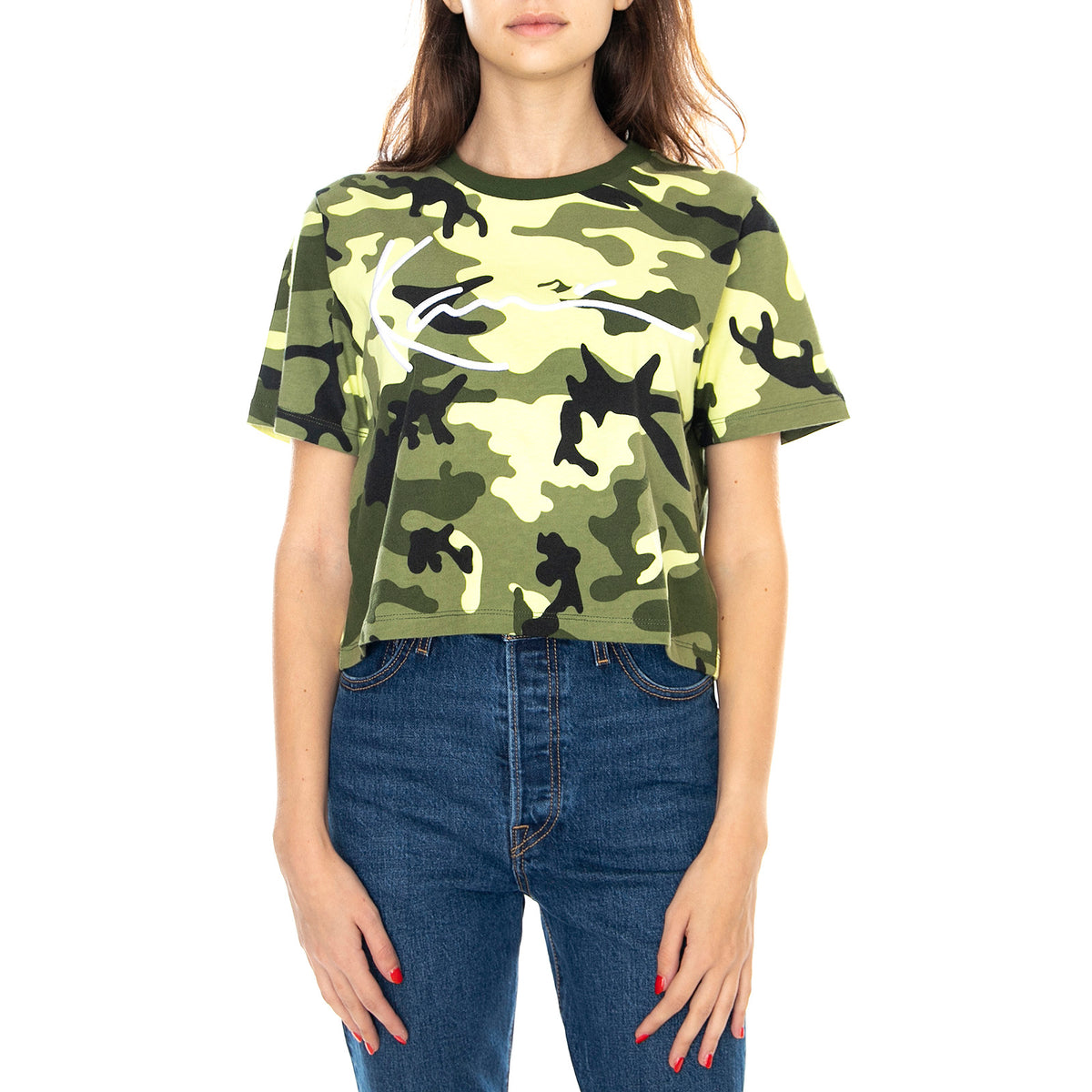 Signature Crop Wide T-Shirt - Camo Green - Maglietta Donna Multicolore KRCKKWQ22021GRN . KARL KANI 