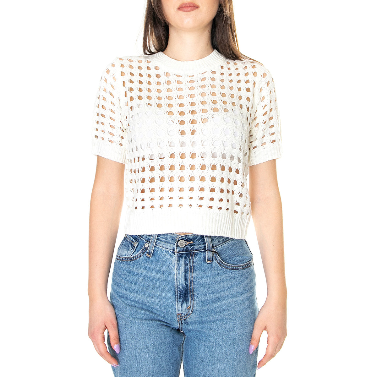 W' Top de Punto Abierto de Manga Corta Blanco - Top Donna Bianco 31W/10272 . WILD PONY 