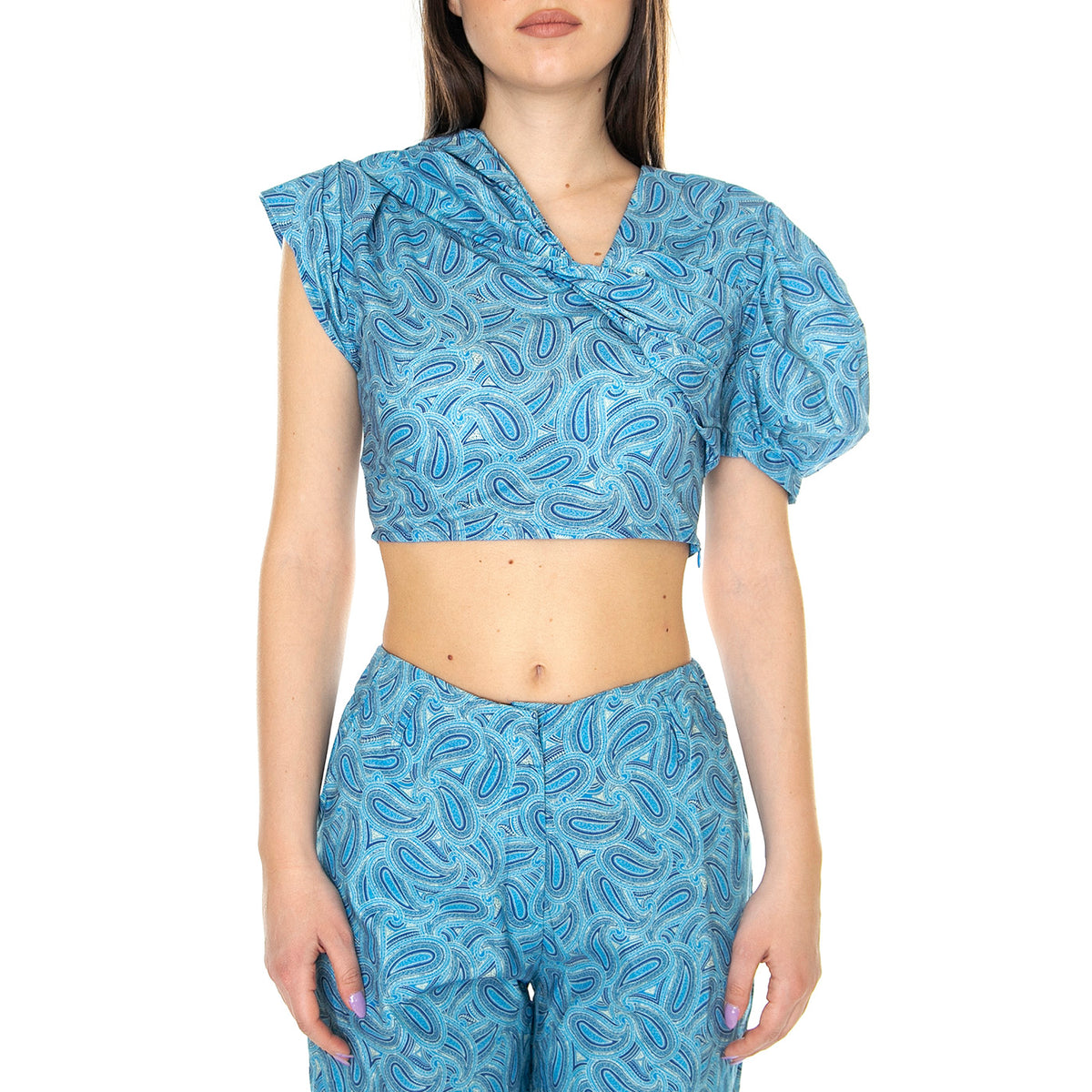 W' Crop Top Asimetrico con Estampado Paisley - Top Donna Blu / Multicolore 31W/41232 . WILD PONY 