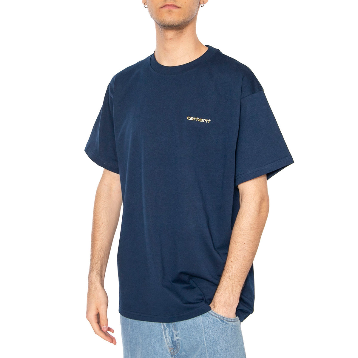 S/S Script Embroidery T-Shirt Ink / Air Yellow - Maglietta Girocollo Uomo Blu I030435.2QFXX . CARHARTT WIP 