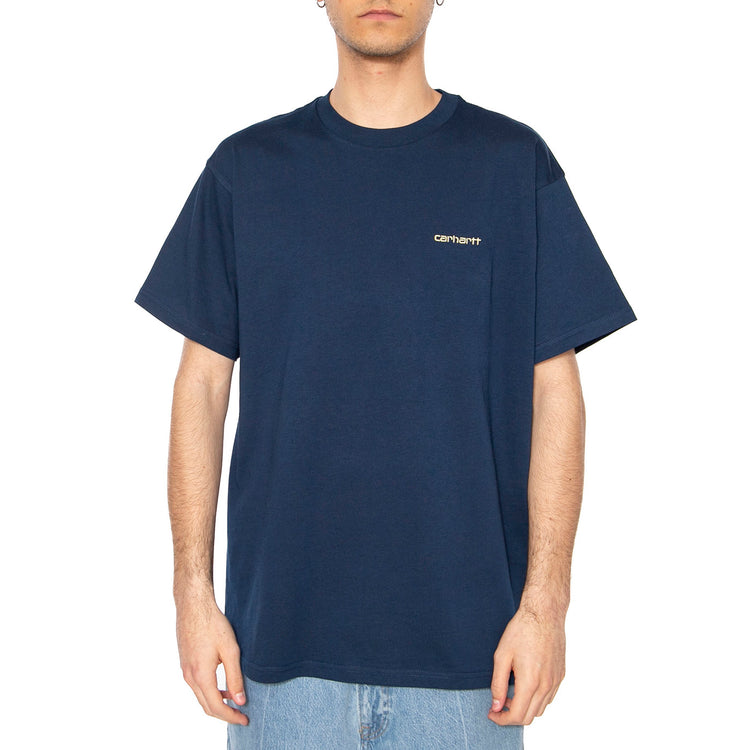 S/S Script Embroidery T-Shirt Ink / Air Yellow - Maglietta Girocollo Uomo Blu I030435.2QFXX . CARHARTT WIP 
