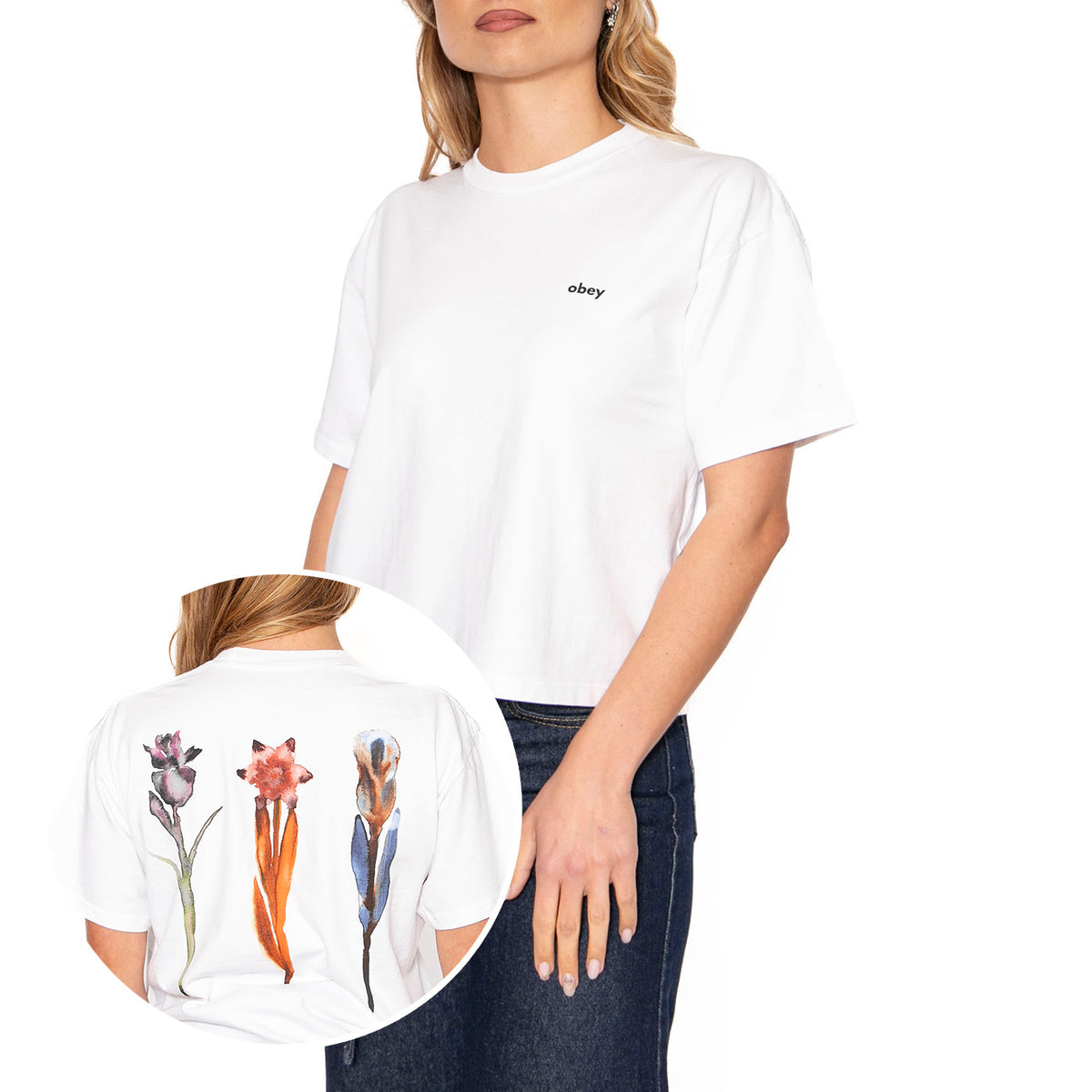 Obey Water Color Flower Tee White  - Maglietta Girocollo Donna Bianca 267622658-WHT . OBEY 