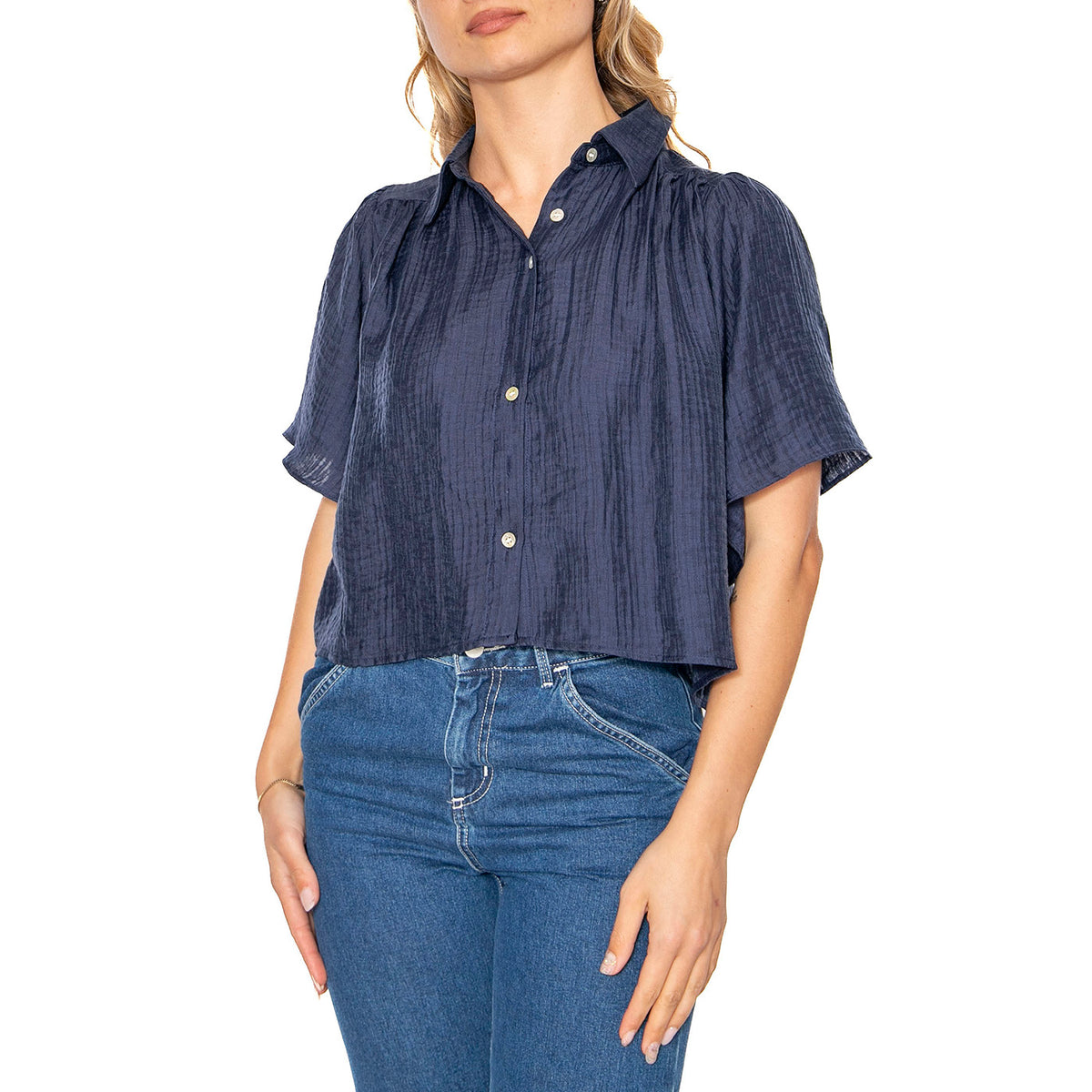 Camisa fluida manga corta azul marino - Camicia Maniche Corte Donna Blu 51W/11215 . WILD PONY 