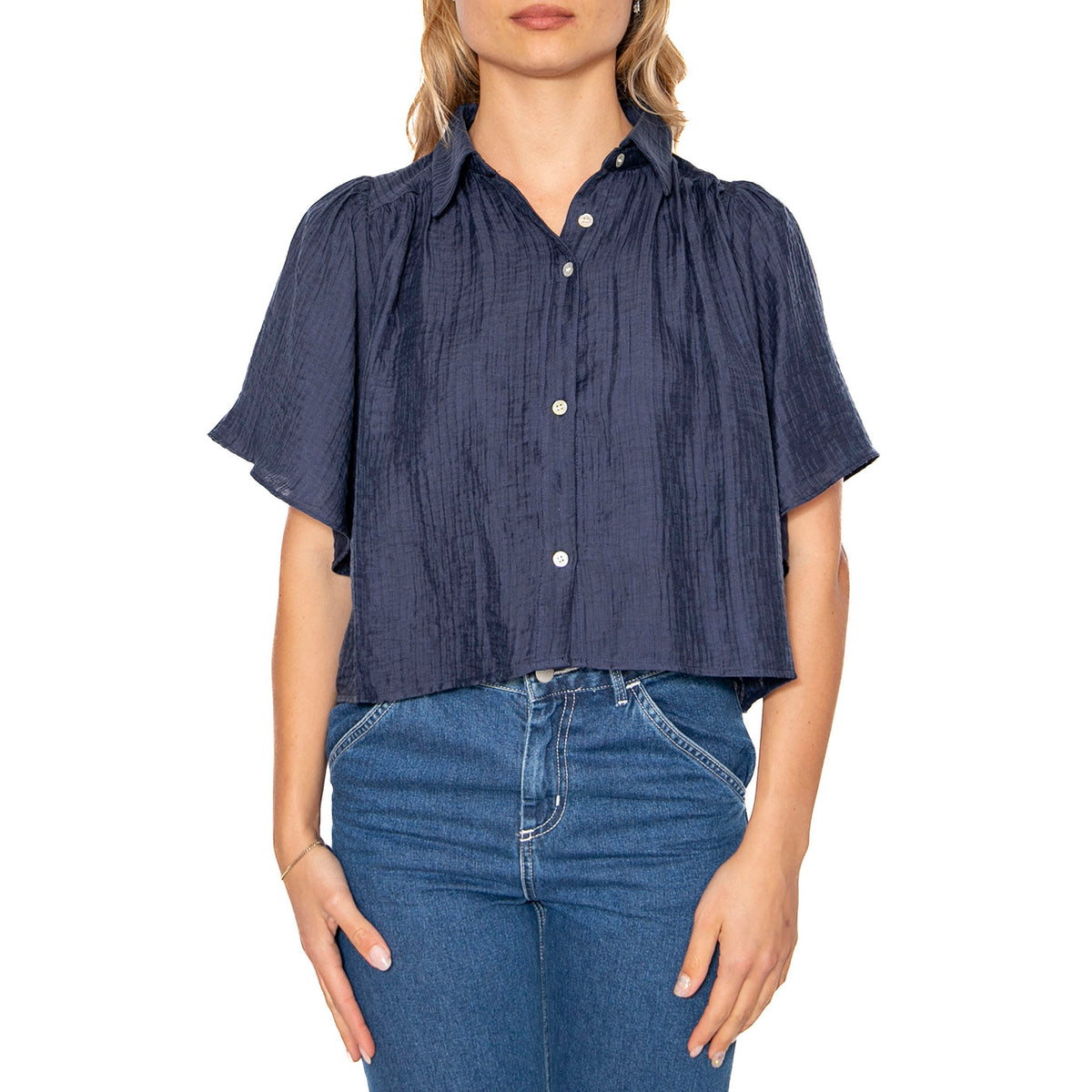 Camisa fluida manga corta azul marino - Camicia Maniche Corte Donna Blu 51W/11215 . WILD PONY 