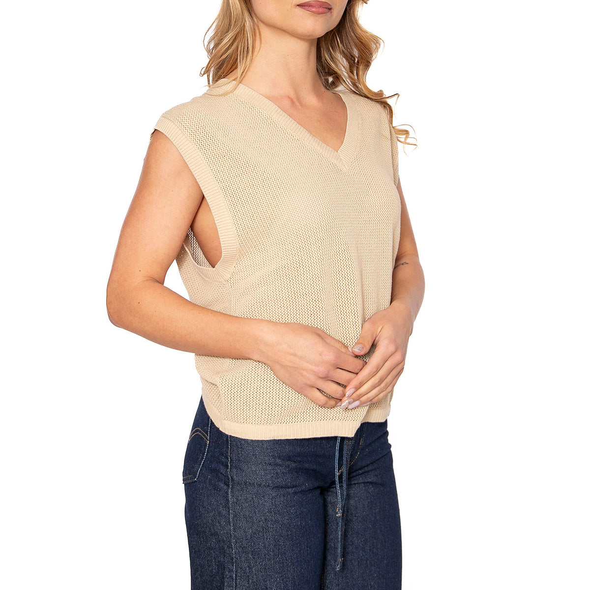 Aruba Boxy V-Neck - Canotta in Maglia Donna Beige 22619-OATMK . BRIXTON 