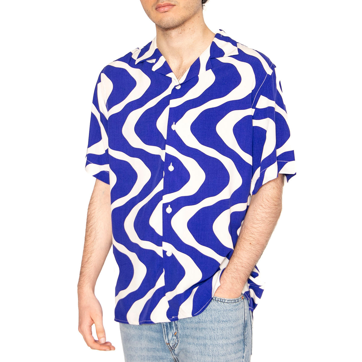 Blue Rippling Viscose Shirt - Camicia Maniche Corte Uomo Multicolore 7005-50-7005-50 . OAS 